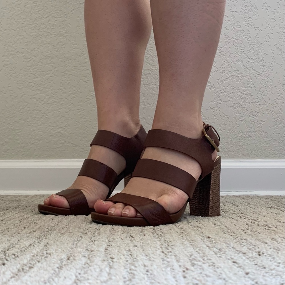 Anne Klein 3.5 inch Heel Brown Leather Sandals